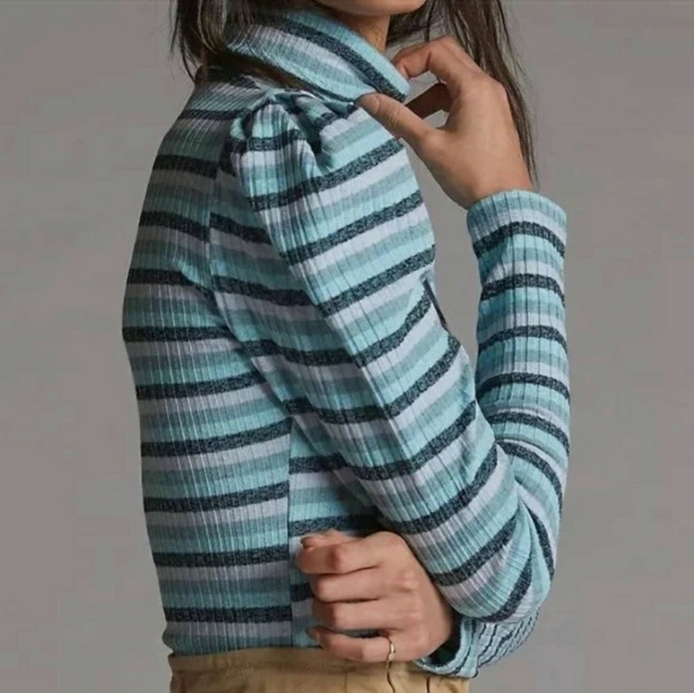 Anthropologie Maeve Puff Sleeve Turtleneck Ribbed Stripe Top Size Large